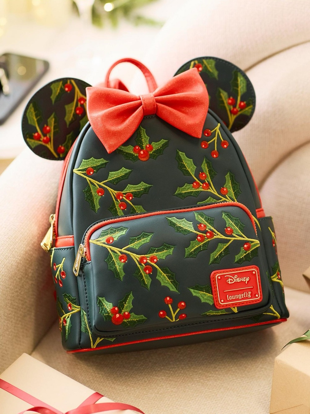 NWT Loungefly Disney Minnie Mouse Holiday Holly Ears Mini Backpack